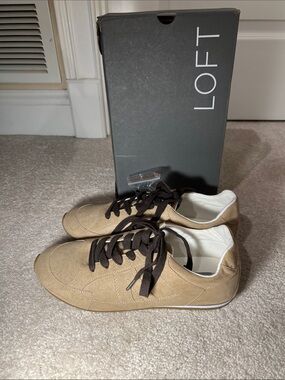 LOFT Woman’s Tan Suede Sneakers with Dark Brown Laces